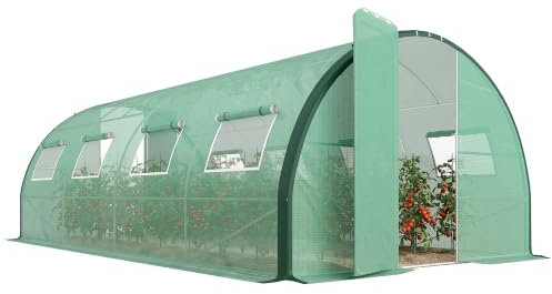 Outsunny 6 x 3(m) Walk-in Polytunnel Greenhouse Upgraded Structure Green | 2 Hinged Doors, 8 Mesh Windows, Tunnel Warm House Tent, UV-resistant PE Cover, for Allotments