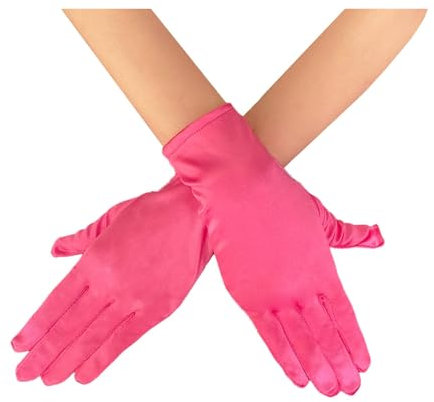 AUSUAYA Frauen kurze Oper Satin Handschuh, Handgelenk Länge Hochzeit Braut Handschuh für 90er Jahre themed Tea Party WG-S-G1 (Rosa)