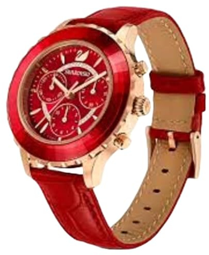 Swarovski Octea Lux Chrono Rose Gold Quartz Red Watch with Leather Strap, Crystals, Swiss Made Octea Lux Crystal Watch Collection, Red 5646975, Octea Lux Chrono - Green, Octea Lux Chrono, Red