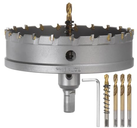 sourcing map Hartmetall-Lochsägen-Set, 125 mm, Metall-Lochschneider-Set mit 5 Zentrierbohrern, Federn, 1 Schraubenschlüssel für Edelstahl, Kupfer, Eisen, Aluminium