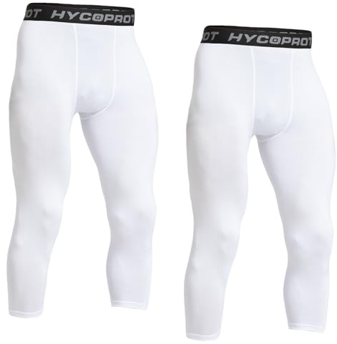 HYCOPROT Herr 3/4 kompressionsleggings atletiska tajta spetsar kompressionsbyxor coola torra baslager byxor för löpning träning sport yoga basket, Vit + vit, XXL