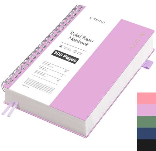 EMSHOI Notizbuch A4 Liniert, 100g/m² Papier, 300 Seiten - Violett | Notizblock Liniert mit PVC Cover, 180° flach, Innentasche, Stiftschlaufe, Lesezeichenband, für Büro Schule, 21.5 x 27.9cm