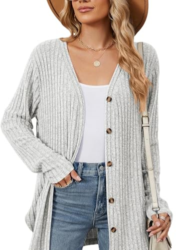 Atxnn Damen Strickjacke Lang Cardigan mit Knöpfen Herbst Gerippt Pullover Elegant Leichte Strickmantel Strickcardigan für Winter Frühling, HELLGRAU M