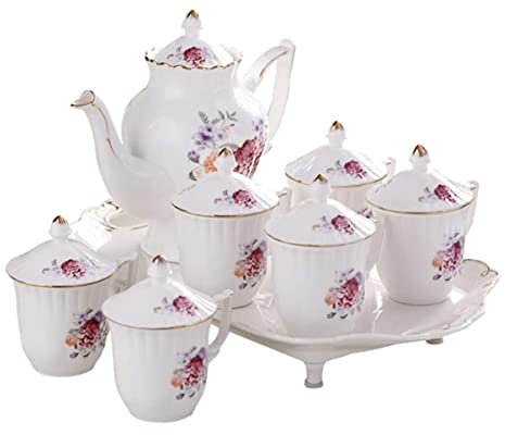 BOGAZY Service à Thé Service A The Service À Thé Café en Porcelaine Fleur Une Pièce Grande Théière 6 Tasses À Café avec Plateau Maison Européenne Vaisselle en Porcelaine Osseuse Service Japonais