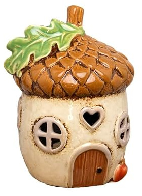 Acorn House Tealight Holder Cream Ceramic Brown Candle Lantern Autumn Ornament