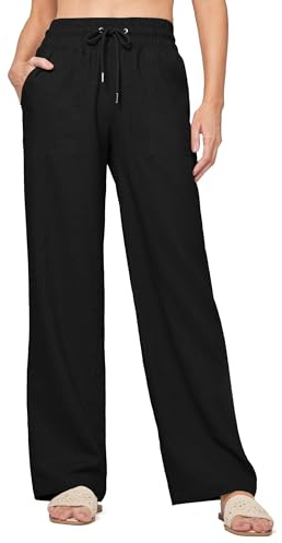 Yunmlep Damen Hose Sommer Leinenhose Lässige Baumwolle Leinen Stoffhose Freizeithose Leichte Sommerhose Strandhose Bequeme Palazzo Hose und Taschen (Schwarz, XL)