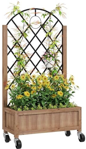Outsunny Fioriera rialzata da giardino con traliccio in metallo, fioriera rialzata in legno con ruote e fori di drenaggio, fioriera rialzata da esterno per piante rampicanti, frutta, verdura, fiori