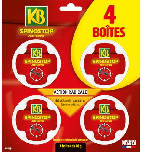 KB HOME DEFENSE Spinostop Anti-Fourmis Boîtes Appâts – Pack de 4 x 10g – Élimine le Nid & les Larves – Action Radical au Spinosad – Intérieur & Extérieur