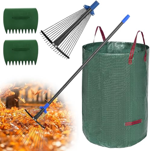 Râteau à Feuilles, 152cm Râteau de Jardin Kit avec 20-43cm Tête de Râteau - avec 32Gallons Sacs à Feuilles et 2Pelles à Feuilles, Râteau à Feuilles avec Poignée Réglable pour Nettoyer Plantes