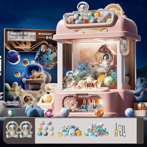 CUCUKAKA Greifarm Automat mit Fernbedienung, Candy Grabber Automat mit 8 Planeten,2 Pandapuppen,25 Puppen,20 Gashapons Lustiges Spiel Und Geschenk Für Party,Pink