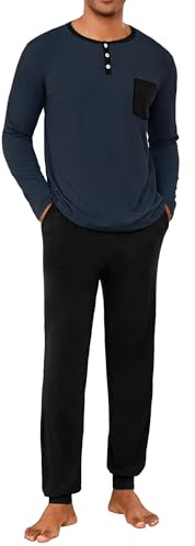 Uniexcosm Pigiama Uomo Cotone Lungo Pigiama A Due Pezzi da Uomo Abbigliamento da Casa Blu Navy XL