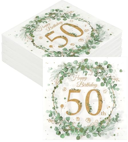 Servietten Eukalyptus 50 Geburtstag, 40 Stück Happy Birthday Servietten | Grün Gold, Salbeigrün, für Mann, Frau Party Tischdeko, 33 x 33cm