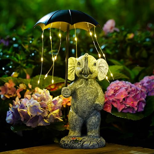 Goodeco Décoration de jardin éléphant à lumière solaire – Statue d'éléphant grise de 22 cm avec parapluie LED suspendu, décoration extérieure imperméable pour terrasse, cour, cadeau pour femme