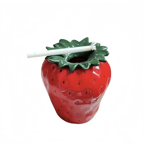 Vyloky Erdbeer-Aschenbecher aus Keramik mit Deckel, 9,8 × 10,7 cm – Rauch-Aschenbecher & süße Deko für Wohnzimmer, Balkon, Geschenk (Rot)