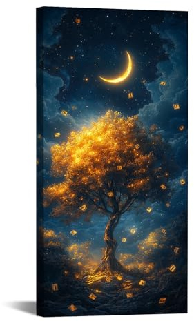 JOSUE Quadri Su Tela Albero Della Vita Luna Naturale Grandi Decorazione Murale Cucina Quadri Moderni Grafica Immagini Wall Art Canvas(Oro 7)-50x100cm Incorniciato