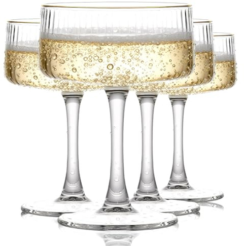 TOLASTO Ribbed Vintage Art Deco Coupe Glasses - Martini, Champagne & Cocktail Ribbed Glasses 260ML(9oz) | Crystal Ripple Goblet Glassware Set, Gilded, 4 Pieces, Housewarming Gift
