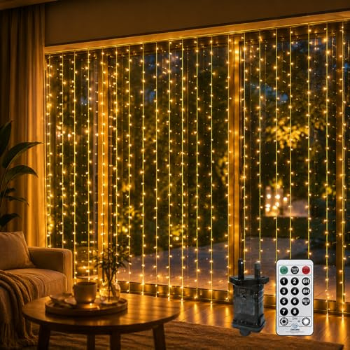 6MX3M Curtain Lights Plug IN, 600LED Long Hanging Window Curtain Light Backdrop Indoor Fairy Lights for Bedroom,Warm White Wall Fairy Light Linkable with Remote,Timer,Waterproof for Ceiling Gazebo