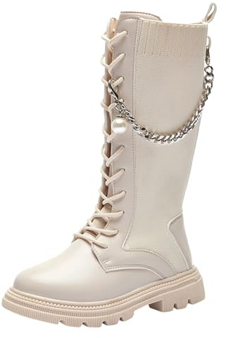 Generisch Kinderschuhe Flache Stiefel mit Dicker Ferse Mode Warme Lange Gürtelkette Sockenstiefel (White, 32 Big Kids)