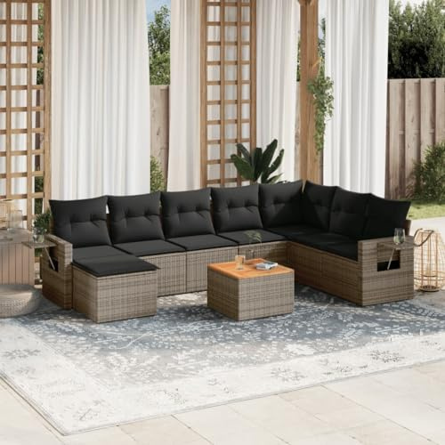 Frdhee Ecksofa Klein Eckbankgruppe,9-TLG. Garten-Sofagarnitur mit Kissen Grau Poly Rattan,Terrassenmöbel für Hinterhof,Balkon und Terrasse