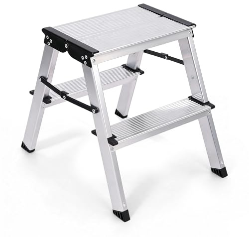 Sekey Klappbare Leiter aus Aluminium 2 Stufen, Aluleiter Beidseitig Begehbar, Klappleiter mit rutschfeste Stufen, für Haushalt & Zuhause, TÜV & SGS, EN131/14183, bis 150 kg Belastbar
