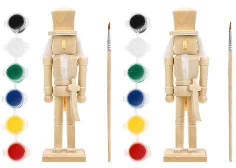 BAZEITFLOW 2 Set Schiaccianoci in Legno Non Rifiniti da Dipingere 18 Cm con Pennelli e Pigmenti Kit Fai da Te per Decorazioni Natalizie e Artigianato Creativo la Casa