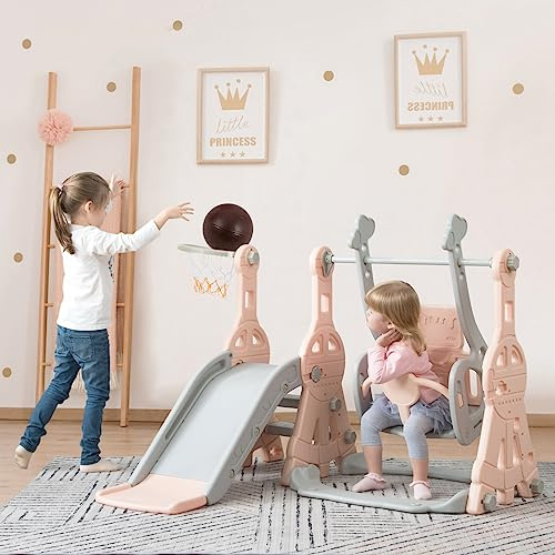 Rutsche und Schaukel für Kinder, Rutsche für Kinder, 4 in 1 mit Schaukel, Basketballkorb, Kletterleiter, Spielset für drinnen und draußen (Rosa, 140 x 118 x 102 cm)