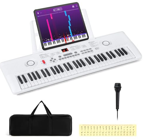 COSTWAY 61 Key Keyboard Piano, Portable Digital Piano with Microphone, Keynote Stickers, Carrying Case, Electric Piano for Beginners (White)