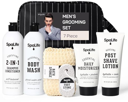 SpaLife 7-Piece Men's Body Care Gift Set | Mens Gift Set with 2-in-1 Shampoo & Conditioner, Body Wash, Moisturizer, Post-Shave Lotion, Sponge & Foot Stone | Gifts for Men | 7-Piece Bundle