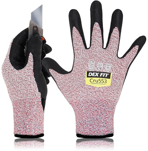 DEX FIT Cru553 Gants Anti-Coupure Niveau 5, Power Grip Antidérapant, Confort 3D comme à Mains Nues, Fins & Légers, Respirants, Compatibles Écran Tactile, Lavables; Rouge 10 (XL) 1 Paire