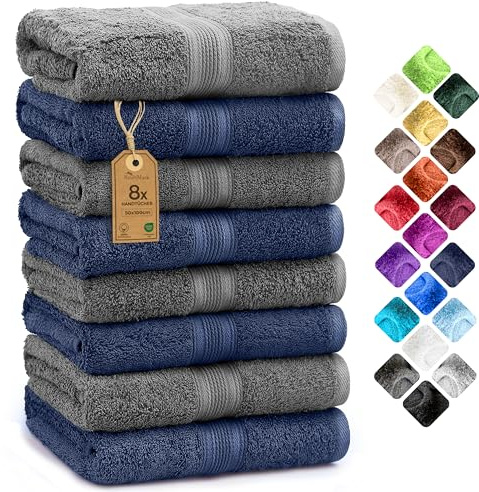 NatureMark 8 Handtücher Set - 100% Baumwolle - Saugfähige und langlebige Handtücher, Größe 50×100 cm, Navy/Anthrazit