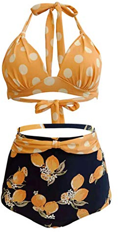 Bslingerie® Women Halter Retro High Waisted Bikini Swimsuit 2 Pcs Set