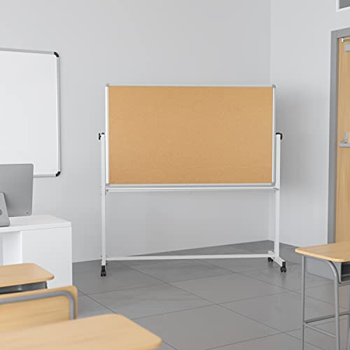 BizChair Reversible Mobile Cork Bulletin Board and White Board with Pen Tray, 45.25W x 54.75H