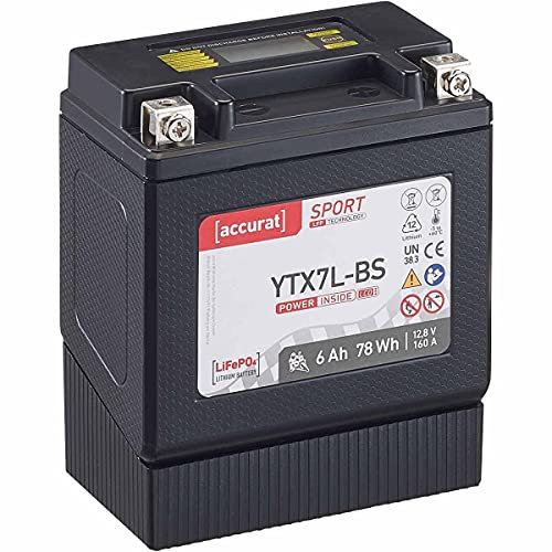 Accurat Motorradbatterie YTX7L-BS - 12V, 6Ah, 160A, vorgeladen, wartungsfrei, LCD Display - Starterbatterie, LiFePO4 Batterie in Erstausrüsterqualität für Rasentraktor, Roller, Motorrad, Quad