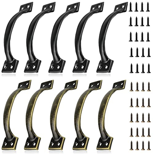 FERCAISH 10 PCS Vintage Barn Door Handles, 6 Inch Metal Black and Bronze Cabinet Handle Pull Set for Furniture Drawer Cabinet, Bedrooms, Garden Gate, Robust and