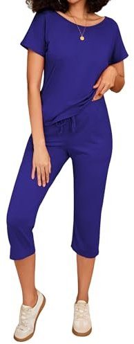 Totatuit Sportivo Donna Completo Tute da Ginnastica da Donna Due Pezzi Estiva T-Shirt & 3/4 Pantaloni Casual Casa Pigiama Set Jogging Training Zaffiro XXL