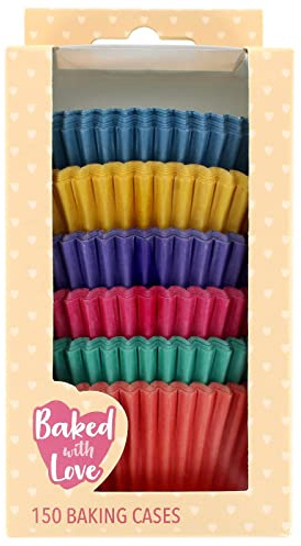 Baked with Love 50mm Brights Cupcake Cases - 150 Pack | Greaseproof Paper, Red, Blue, Green, Yellow, Purple & Orange, 37mm Height, 25 Cases Per Colour