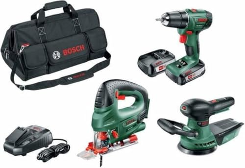 Pack 3 outils 18V sans fil BOSCH perceuse-visseuse PSR 1800 LI-2 2 batteries 2,5Ah + scie sauteuse PST + Ponceuse Excentrique