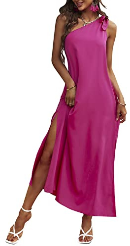 Ejoyous Vestidos de noche largos con un hombro, elegantes vestidos de verano, vestidos largos de fiesta, vestido de cóctel sin mangas, rojo, rosa, XL