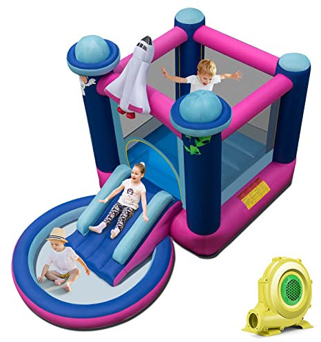 COSTWAY Hüpfburg mit Gebläse, Planschbecken, Hüpfschloss mit Rutsche, Outdoor Bouncer inkl. Tragetasche und Bodenpfählen, 393 x 207 x 270 cm