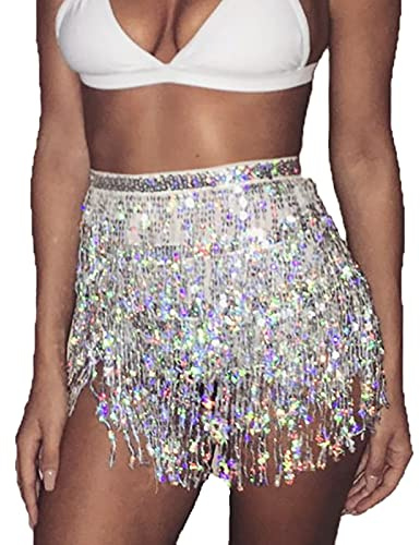Dishowme Gonna da Ballo con Paillettes da Donna Vestito da Danza del Ventre Glitter Nappa Frange Sciarpa per Anca Rave Cintura Avvolgente Costume per Ragazze (Argento)