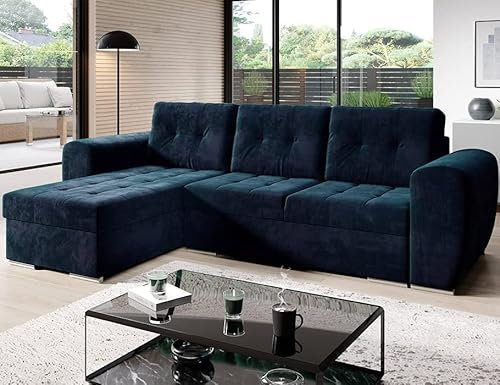MODERNO Ecksofa mit Schlaffunktion BARI - Sofa mit 3 Sitzen - Schlafcouch L-Form - Modern Couch - Schlafsofa mit Steppung - 256x157x85 cm - Dunkelblau - Monolith 77