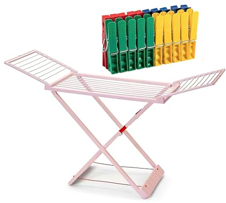 ForenTex Tendedero Plegable de Resina con Alas, 20 m, Rosa con 20 Pinzas | Tendederos plegables de resina rosa con 20 pinzas, 20 m, bloqueo de seguridad, resistente al sol. Clothes drying rack