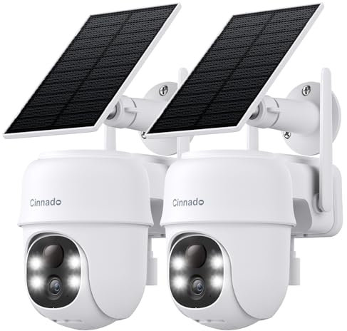 Cinnado Solar CCTV Camera Systems - 2K Security Camera Outdoor Wireless, House Security Solar Battery Powered, PIR Detection, 360° Color Night Vision, Siren, (2-Pack)