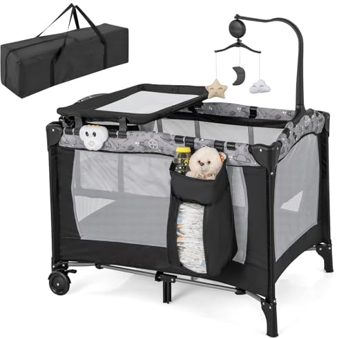 COSTWAY 3-i-1 sidosäng, resesäng med madrass, hängande leksak, speldosa, skötbord och bärväska, 2 nivåer, babysäng med hjul för baby upp till 36 månader (grå)