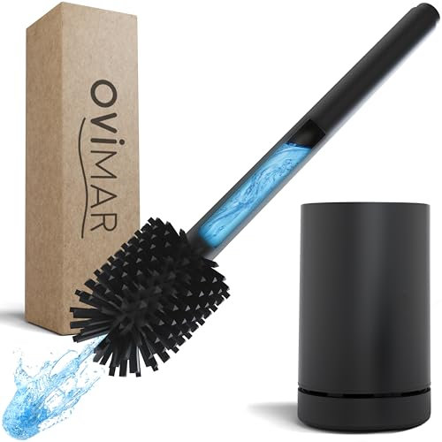 ovimar Toilettenbürste Tjome Schwarz | Silikon Klobürste | Belüftungsfunktion | frei stehend | Edelstahl WC Bürstenkopf | mit Tank für Reinigungsmittel | abnehmbare Tropfschale | WC Bürste