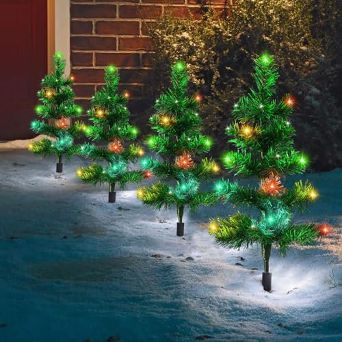 Just for Christmas Pathway Lights – Pack of 4 Battery-Operated Pre-Lit Trees W/60 Multi Color LEDs, Timer Function & 30cm Cord | Indoor & Outdoor Christmas Pathway Lights for Decorations