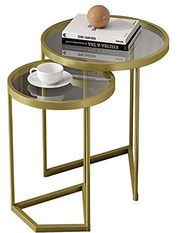 IMYOGI Exquisites 2-teiliges Couchtisch-Set, Satztisch aus gehärtetem Glas, goldenes Regal im Wohnzimmer, Nachttisch mit runder Tischplatte, einfacher Ecktisch mit Beistellschrank (FA