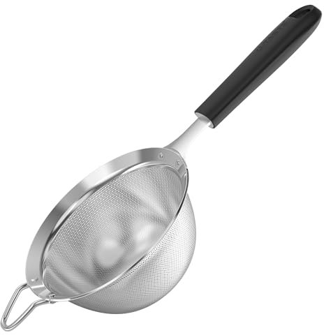 U-Taste Tamiz de malla fina mediana: colador de cocina de acero inoxidable 18/8 de 12cm con mango de silicona resistente remachado, ideal para tamizar harina, colar té arroz quinua (Negro)