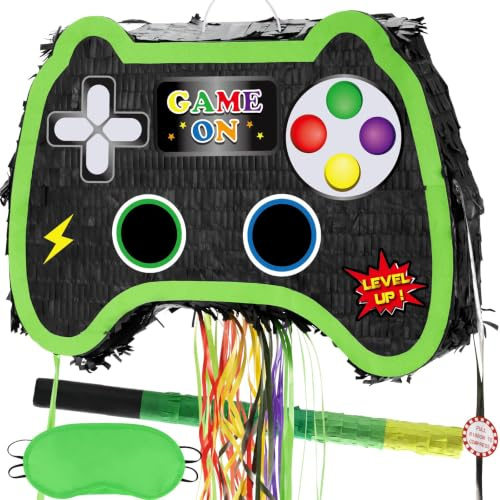 WERNNSAI Videospiel Pinata – Gaming Geburtstag Pinata Junge Kinder Faltbare Gamecontroller Piñata mit Stock Augenmaske Kordelzug Geburtstagsparty Piñata Dekorationen Lustiges Partyspiele