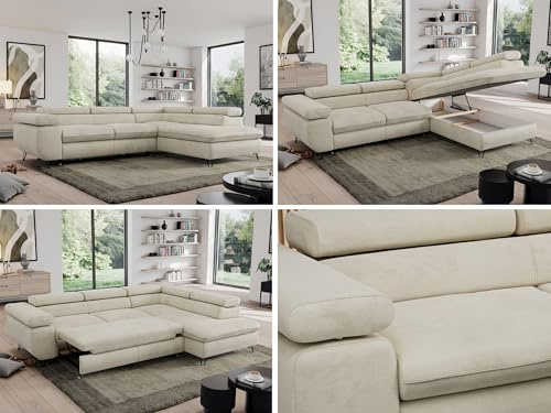 MKS MEBLE Sofa L, Wohnlandschaft L-Form mit Schlaffunktion und Bettkasten, Schlafsofa mit Bettkasten, Ecksofa, Sofa mit Einstellbare Kopfstützen, Pedro L - Beige Velvet - Rechts